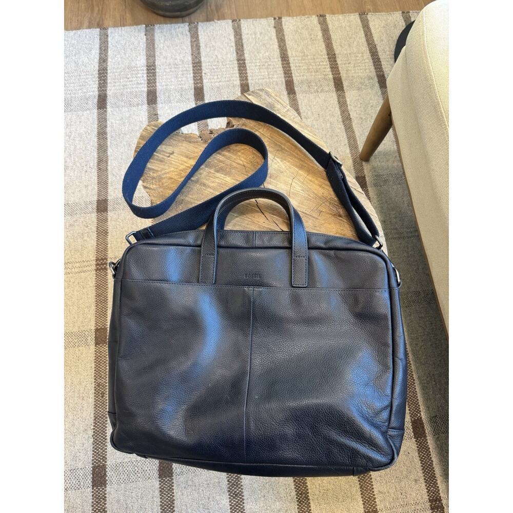 Fossil Navy Blue Pebbled Leather Messenger Bag Laptop Briefcase Crossbody Career